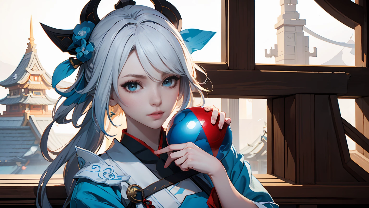 anime girl with a blue and white dress holding a blue ball, onmyoji, onmyoji detailed art, onmyoji portrait, white haired deity, keqing from genshin impact, genshin, from arknights, zhongli from genshin impact, heise jinyao, by Shitao, loong, by Yang J, yun ling