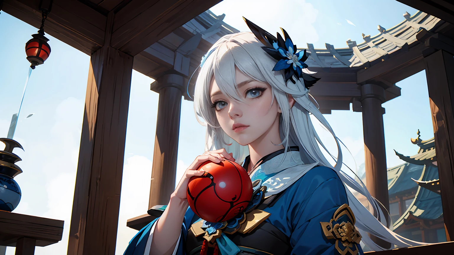 anime girl with a blue and white dress holding a blue ball, onmyoji, onmyoji detailed art, onmyoji portrait, white haired deity, keqing from genshin impact, genshin, from arknights, zhongli from genshin impact, heise jinyao, by Shitao, loong, by Yang J, yun ling