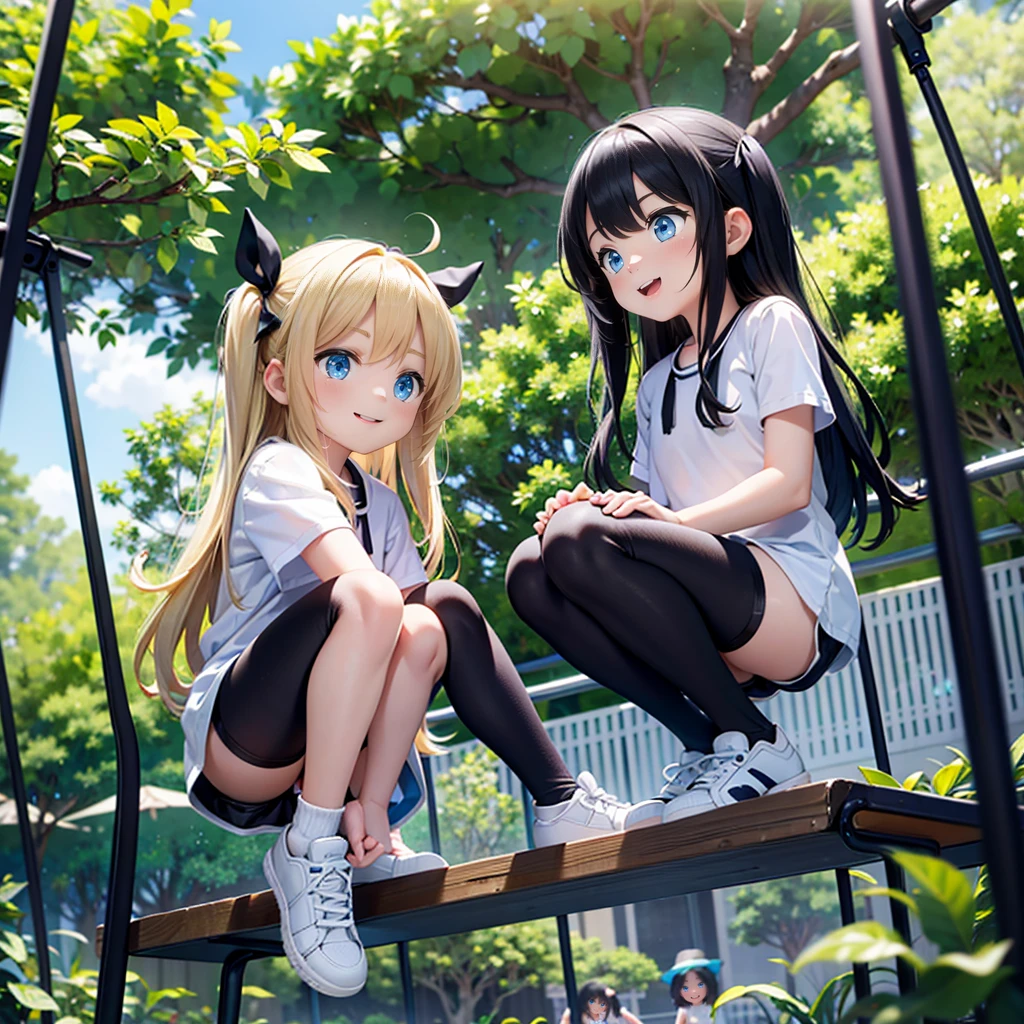 10 and 8 year old girls、blonde, Long Hair, blue eyes, Black Hair Ribbon, white shorts, Black leggings, Happy, Hilarious, Day, outside, White shoes, flat, short, Playing on the jungle gym in the park