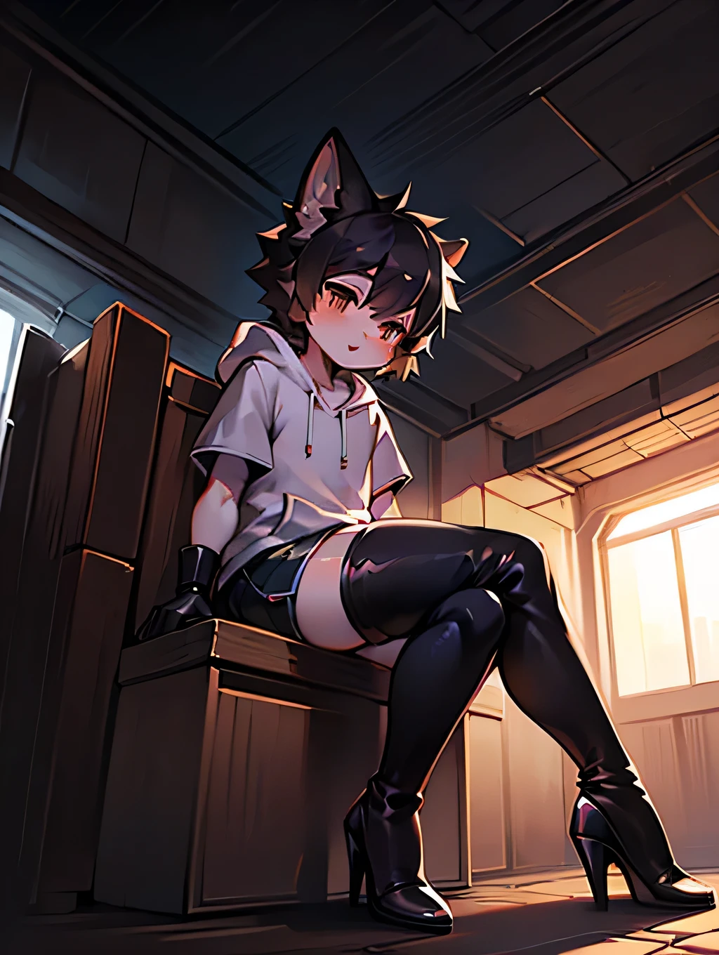 perspective:Close range from the side,alone, 1 person, sitting,Thighs,Black Hair,Shorts,the tail is fluffy, Short sleeve hoodie，Shota, Knee-high boots,Stiletto heels,