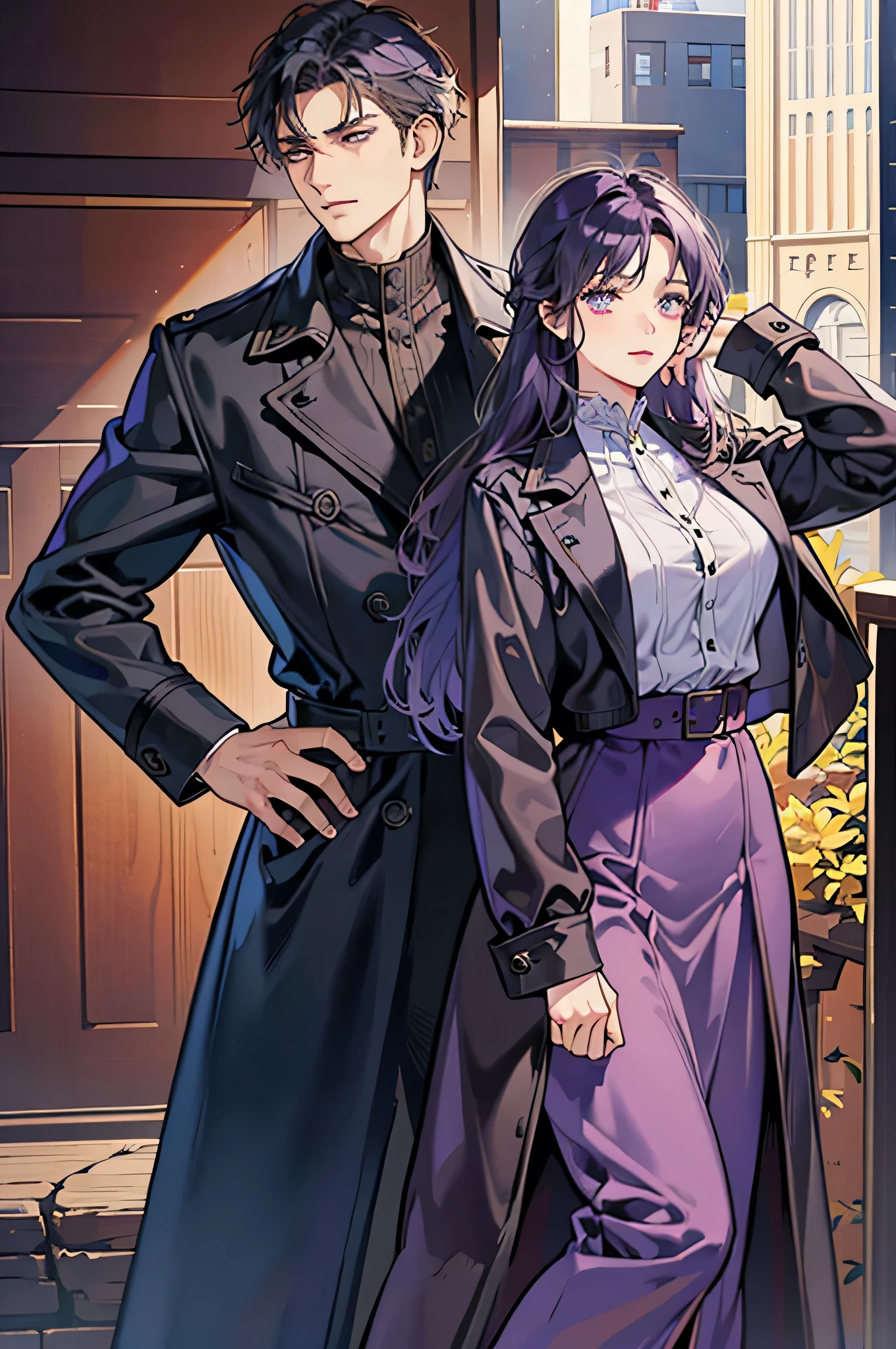 A gentle black-haired man in a brown trench coat and a handsome purple-haired woman in a blue skirt,Woman pulling man's tie(Humanity,muscular,Strong shoulder width, Men,Boyish Hairstyle,British gentleman style,30s,A man with a grim expression,28-year-old woman with a bright smile:1.2),Office night scene,Antique furniture,Antique pliers,antique chair,chandelier,Parties、A couple、couple kissing、kiss、the kiss、romantic、接kiss)