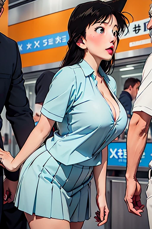 (((Full and soft breasts,)))(((Huge breasts))) (((Cleavage))) (Perfect curvy figure)(Harassment:1.8), ((Several old men surrounded her and touched her body.:1.1)), ((Surrounded by exposed men:1.4))、Anime Celluloid Style, best quality, high resolution, Short sleeve, Blue Skirt, blue eyes, blush, View your audience, Cowboy shooting, Crowded train, (Huge breasts:1.２), 、I want one