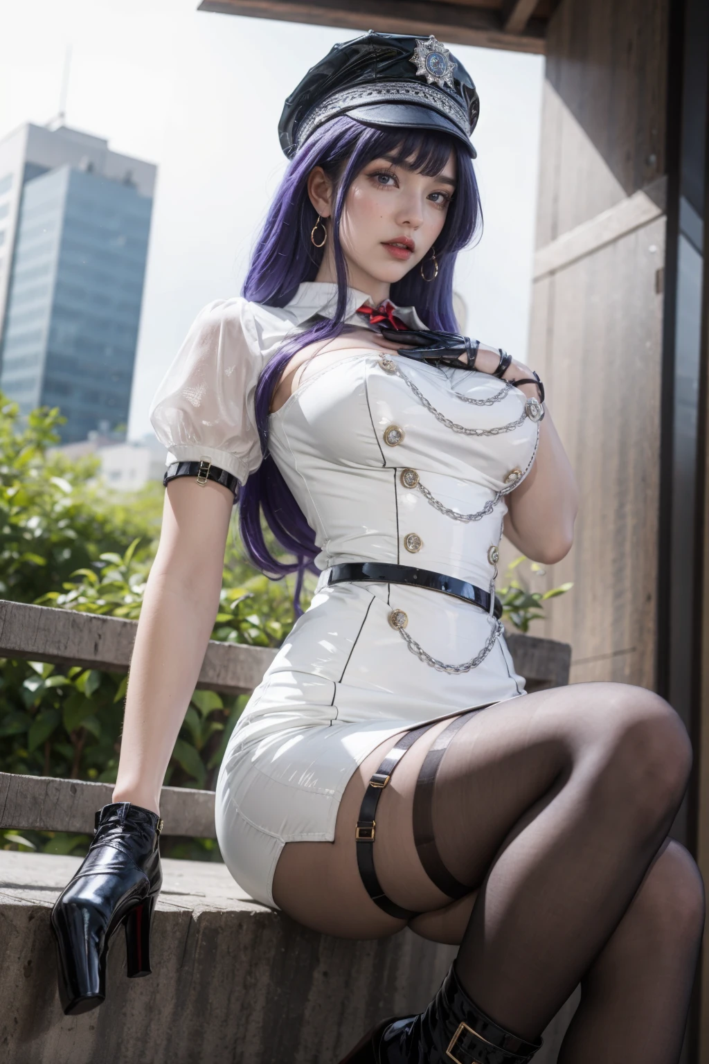 best quality,masterpiece,high resolution,Extremely detailed CG unity 8k wallpaper,outdoor,1 Girl,Solitary,permanent,Cowboy shooting,Large Breasts,Lemon 0001,armband,Fluffy short sleeves,belt,Half-fingered gloves,Buttons,Jewelry,Thigh straps,White skirt,Black pantyhose,Purple Hair,Long legs，The lens focuses on the legs，Leather Boots。