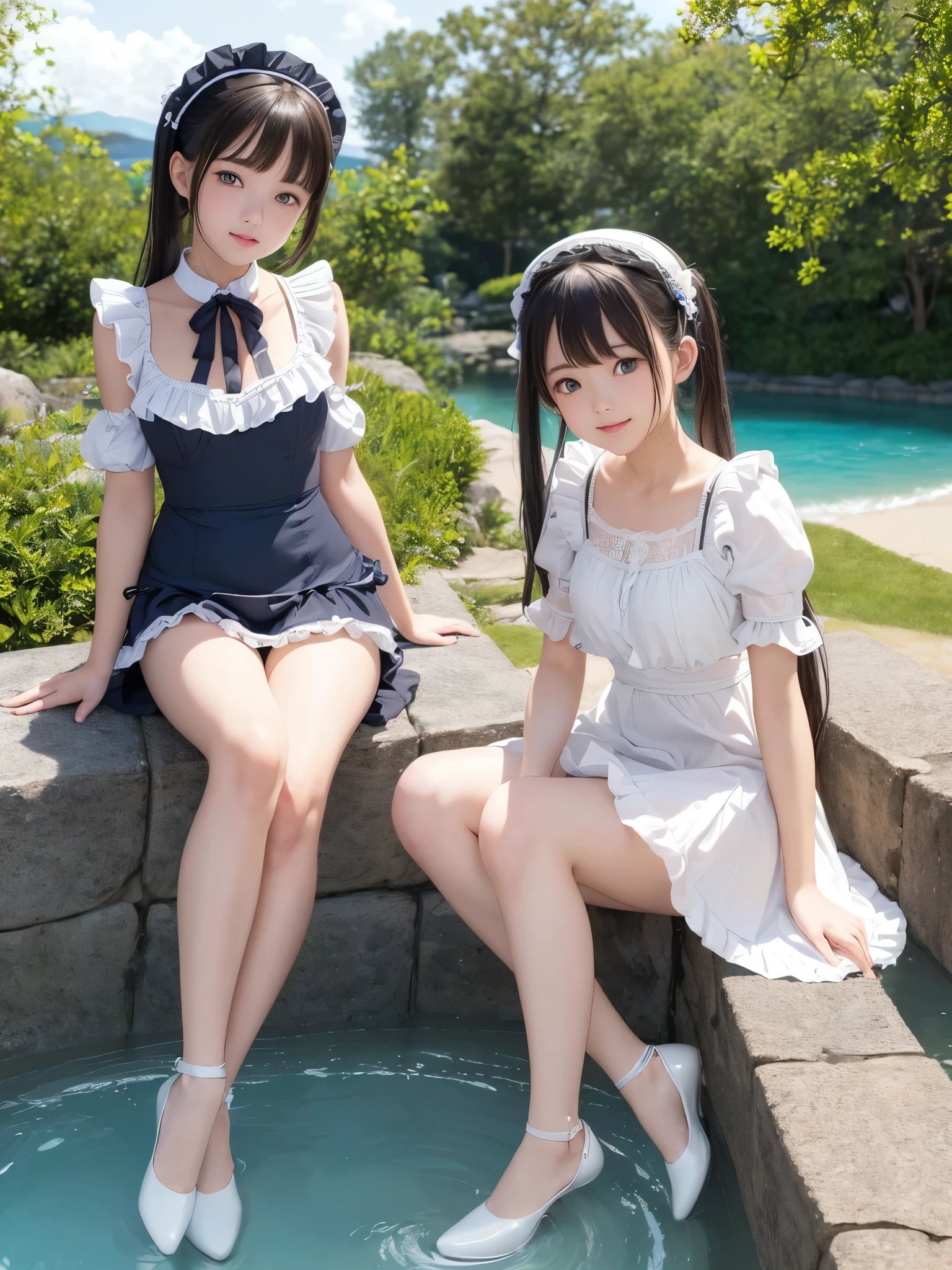 ((masterpiece)), ((highest quality、Ultra high definition)), (Very detailed),8K、Photo quality、((Amazingly cute girl)),-yeld gi), Two people, , (Beautiful emerald blue eyes), ((smile)),In the open-air bath overlooking the sea, Beautifully arranged black hair in twin tails、スリムボディー、((Cute lolita maid style swimsuit))、Professional Lighting、(White lace knee-highore detailed and beautiful)、(More details and cutenesore realistic)、((Just wear light clothing))、プールではしゃぐ、