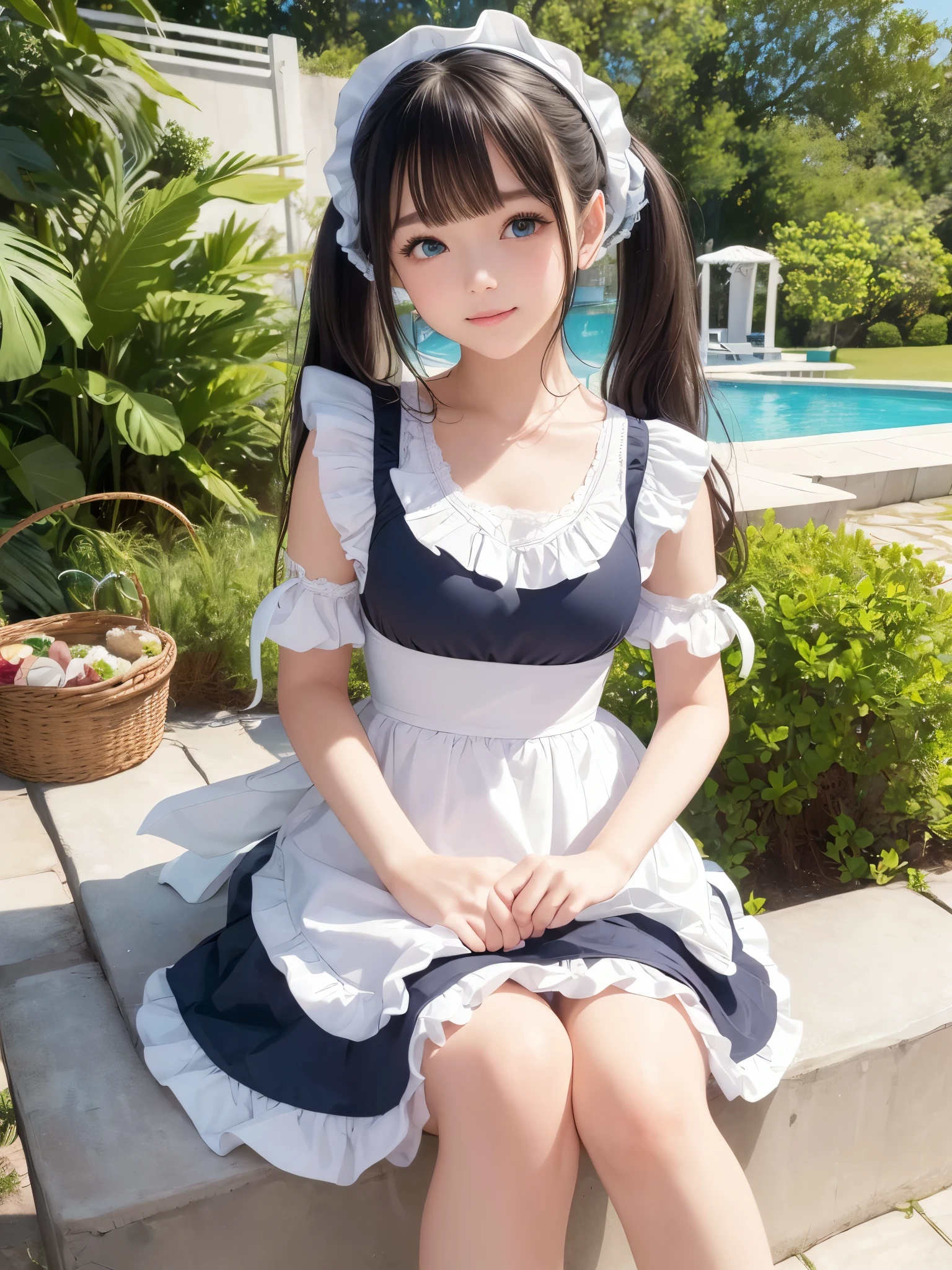 ((masterpiece)), ((highest quality、Ultra high definition)), (Very detailed),8K、Photo quality、((Amazingly cute girl)),)), Two people, , (Beautiful emerald blue eyes), ((smile)),In the open-air bath overlooking the sea, Beautifully arranged black hair in twin tails、スリムボディー、((Cute lolita maid stylimsuit))、Professional Lighting、(White lace knee-highore detailed and beautiful)、(More details and cutenesore realistic)、((Just wear light clothing))、プールではしゃぐ、