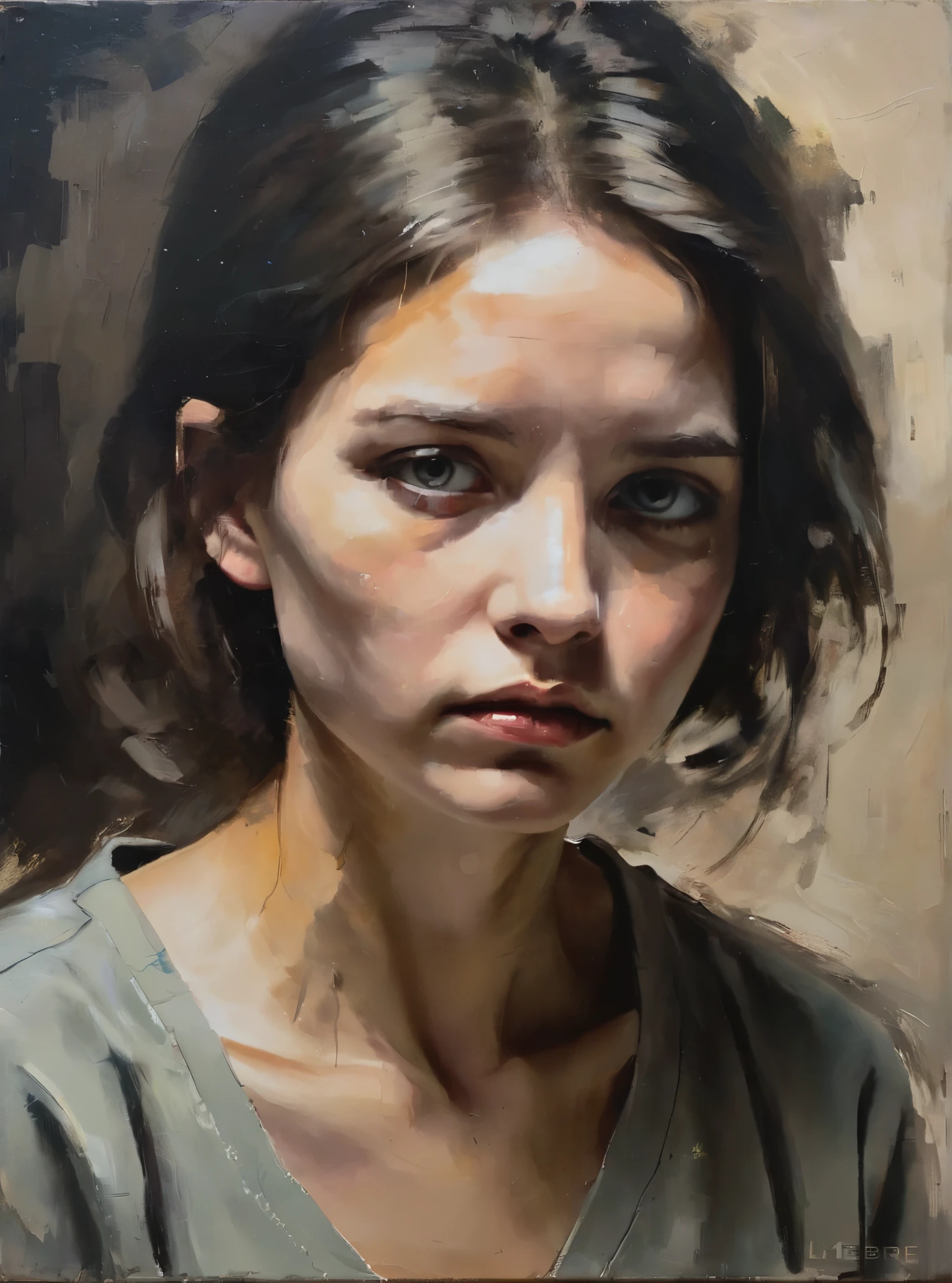 One Woman,Inspired by Malcolm Liebke、Create an inspiring oil painting, Based on the image provided. Intense, The introspective expression of the young subject is depicted in a thick, Expressive brushwork and muted colors. Emphasise the emotional depth and vulnerability of your subject's gaze, Highlight the play of light and shadow on the face. Keep it simple, A textured background that enhances the subject's meditative presence. Focusing on the feel of oil paint、The rawness that characterizes Liepke's style々conveys strong emotions and intimacy。.