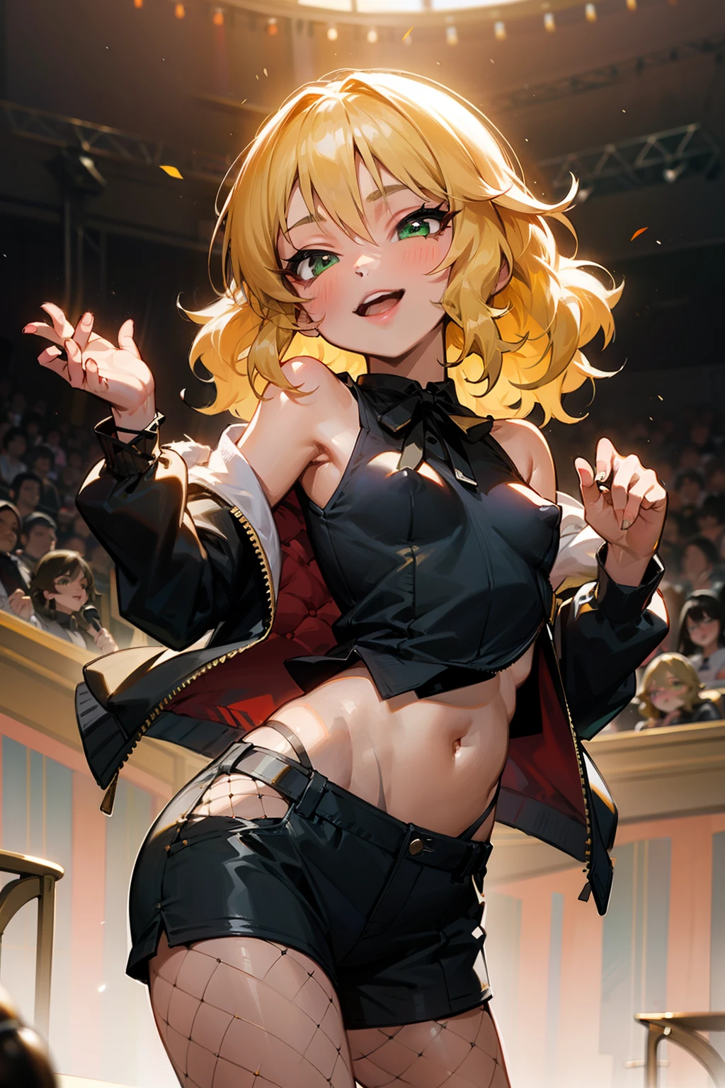 masterpiece,best quality, ultra-detailed,1girl(sakurai momoka, lovely small breasts,  glow skin, wavy hair, long hair, blonde hair, black head ribbon,green eyes, ), smile, open mouth, glow lips, head tilt, solo, black jacket,  white tank_top,covered nipples, navel, black short shorts, white thighhighs, in the stage, dancing, sexy dance, Sexy waist teasing, mike grab, sing , singing 