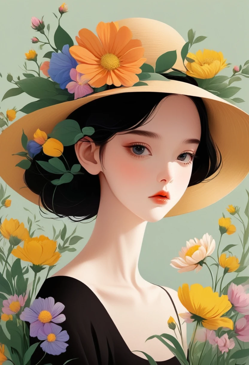 Vector,Flat style,illustration,The Minimalists,数字艺术illustration,A girl wearing a hat with various flowers,Unique,Black Hair,Pretty Face,Big bright eyes,portrait,Shoulder,Beautiful hands,Coordinated body proportions,Beautiful artistic conception,Abstract background
