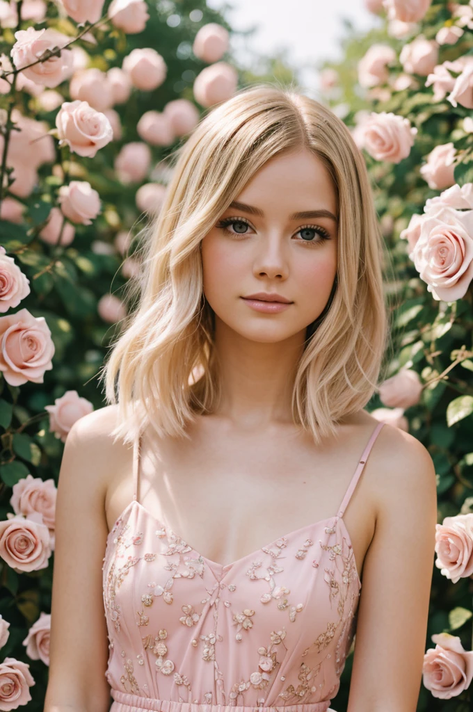 8k, RAW photo, Fujifilm, style photo of a beautiful young woman as avril in a garden of light pink roses (highly detailed skin: 1.2) Style-Petal BREAK short hair, blonde hair with colored locks, wearing a dress, film granulation, 35mm, cute style