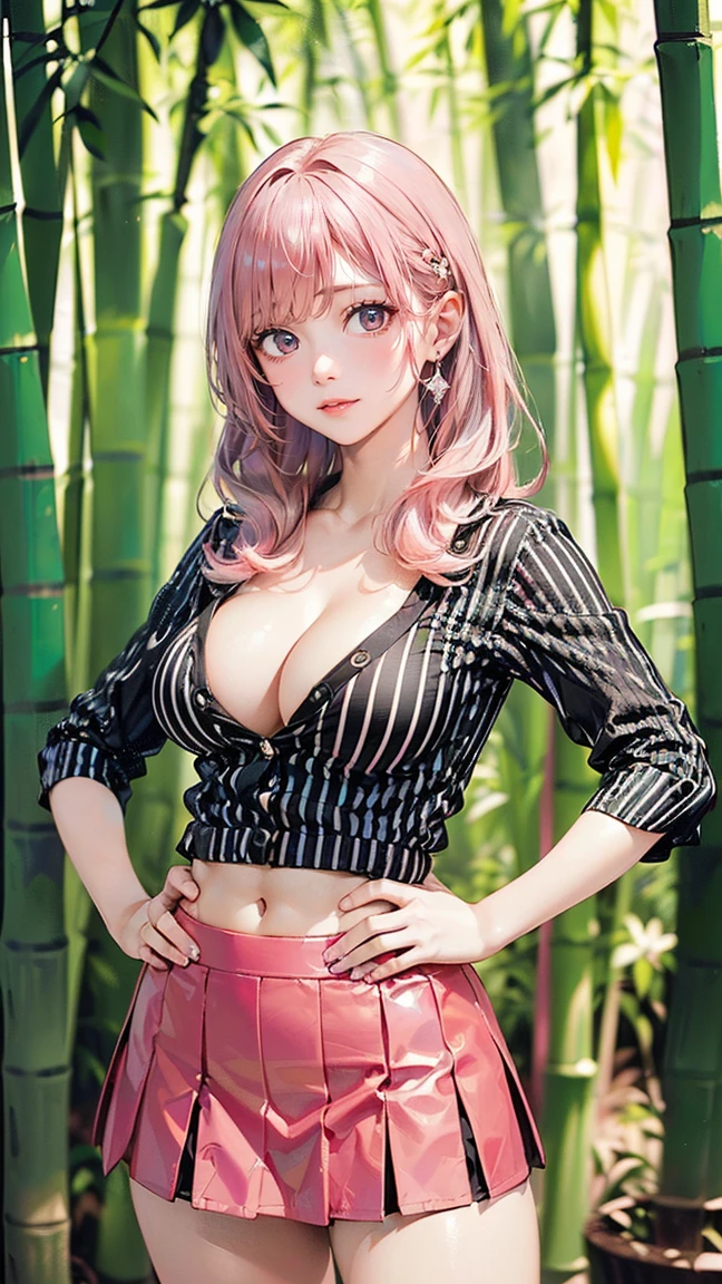 ((Highest quality, 8k, masterpiece :1.3)), (Sharp focus :1.2, Beautiful woman with perfect figure :1.4, Slim Abs), ((Big Breasts, Emphasize cleavage:1.2)), (Photorealistic:1.4), (realistic:1.4), (Pink Hair:1.5), Highly detailed face and skin texture, Fine grain, double eyelid. Makeup face, A little bit of lipstick, sex appeal, Sexy gravure pose, ((In the bamboo forest、A high school girl wearing a black and white striped shirt and a red tight skirt、Standing sexy with hands on hips and a smile。Green bamboo spreads in the background。There are small diamond earrings in her ears。:1.3))