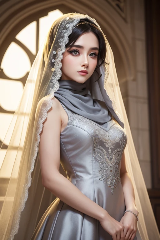 woman Self And Perfect And eyes grey She wears The dress Yellow with veil Aso clothes It contains Inscriptions Motifs Islami,realisian model, turbo v8 style