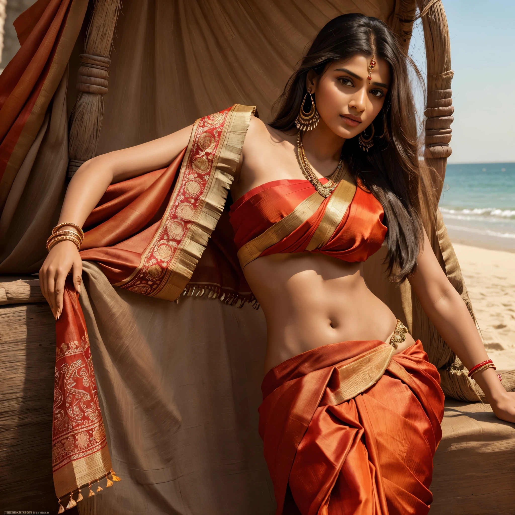 upper half body of (A hyper-realistic), (illustration), (high resolution), (8K), (highly detailed), (The best illustration of beautiful detailed image), (top-quality), (ultra-detailed), (masterpiece), (beautiful attractive face), long hair, Earrings with bangs, ((20 year old Indian beautiful girl)) , (((wearing red Indian silk traditional sari draping ))) , (((Glamorous body))) , Elegant Pose, Seduction pose, Looking at the camera, beach background sex