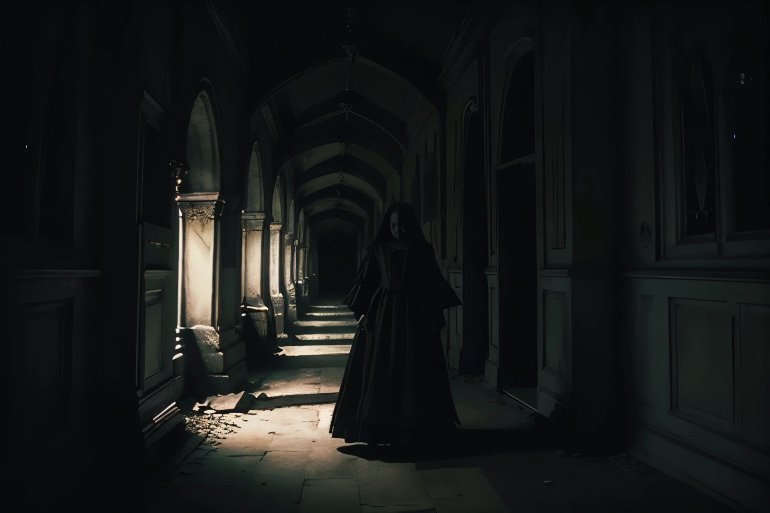 eerie gothic corridor, stone gargoyles, woman in victorian dress, ominous lighting, dark and mysterious, horror atmosphere, high contrast, retro film grain effect, dramatic shadows, suspenseful mood, fantasy horror scene
, scare, spooky atmosphere, movie horror, Grainy texture, old movie scene from 70s photo, original gain film grain, old horror movie,