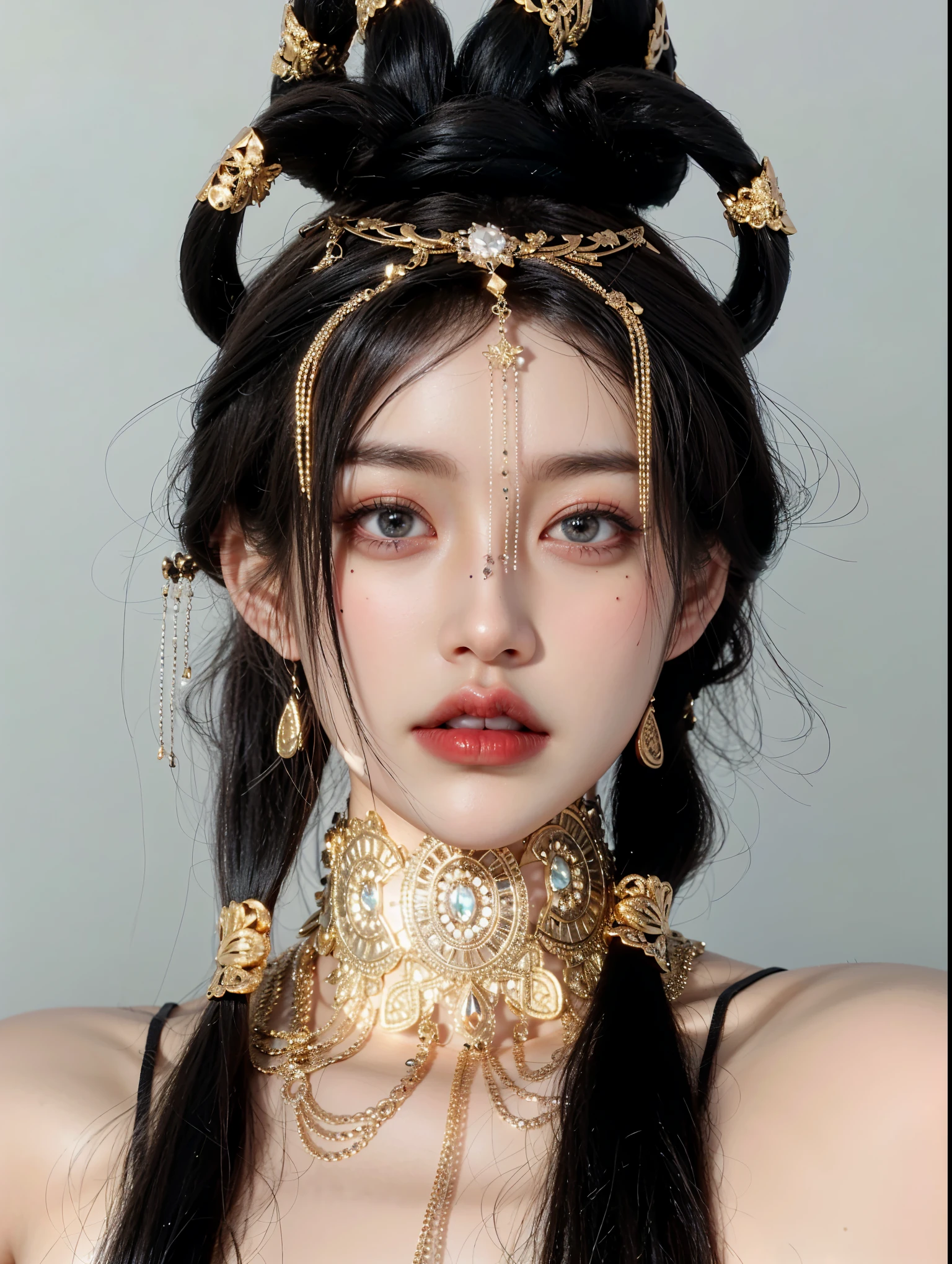 Game Art,Best image quality,Maximum resolution,8K,(A bust photo),(portrait),(Head close-up),(Rule of Thirds),Unreal Engine 5 rendering works,20 year old girl,((Queen)),The eyes are very detailed,(Large Breasts),Elegant and noble,light,Ray Tracing,Game CG,((3D Unreal Engine)),OC rendering reflection mode,4K,Ultra-clear,Sensual,Translucent lace,Fair and plump figure,Pretty Face,Glossy Gel Coat,身着华贵礼服的Queen,Crystal Gem Crown,Necklace jewelry,blue eyes,The tattoo is very three-dimensional,Gorgeous and intricate tattoo designs,Ultra-clear portrait,Sexy thick lips(Red lipstick),Gorgeous clothing,Diamond Gold,Gold headdress