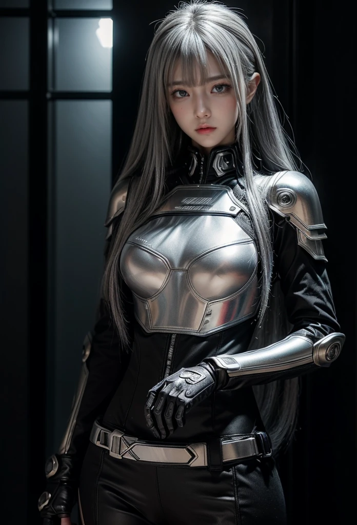 cyber angel,machine wing,{{Sci-Fi Armor}},cyber suit,cyberpunk,science fiction,cyber battle armor,Battledress,Military Uniforms,pants,black military uniform,whole body,Height: 168cm,almond shape eyes,{{{{{silver eyes}}}}},{{{{{dull bangs}}}}},(slanted eyes},{{whole body},{{{1 girl}}}, long hair, straight hair,{{{{silver hair}}}},{{{tsurime}}},30 years old,{Medium chest},{{bush}},silver eyes,{{{masterpiece}}}, {{{highest quality}}}, {{Super detailed}}, {shape}, {{very delicate and beautiful}},very detailed,detailed perfect,detailed hyper,Abundant thighs,big ass,black clothes