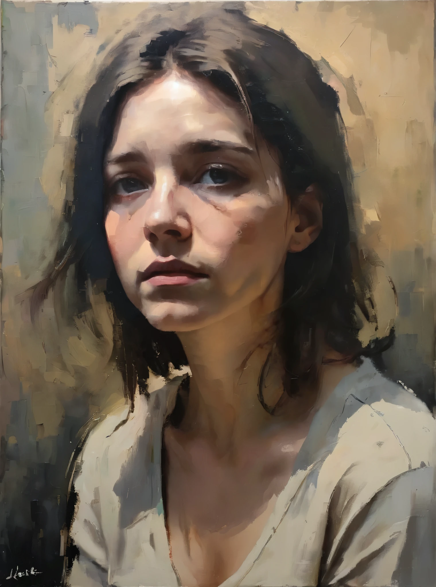 One Woman,Inspired by Malcolm Liebke、Create an inspiring oil painting, Based on the image provided. Intense, The introspective expression of the young subject is depicted in a thick, Expressive brushwork and muted colors. Emphasise the emotional depth and vulnerability of your subject's gaze, Highlight the play of light and shadow on the face. Keep it simple, A textured background that enhances the subject's meditative presence. Focusing on the feel of oil paint、The rawness that characterizes Liepke's style々conveys strong emotions and intimacy。.