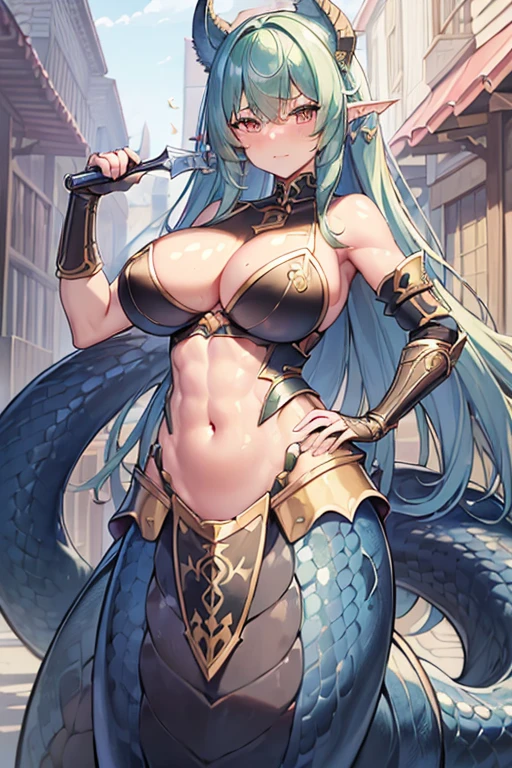 ((High detail、high detail、Detailed portrait、masterpiece))、Perfect single tail、One girl, Lamia, （Muscular、Muscular々、Broad shoulders、Trained abdominal muscles、clavicle）、,,Metal Plate Armor Bellows、 Full Body Shot, Outdoor,mega twintails、Rattlesnake Tail、Hip thrust、Curled