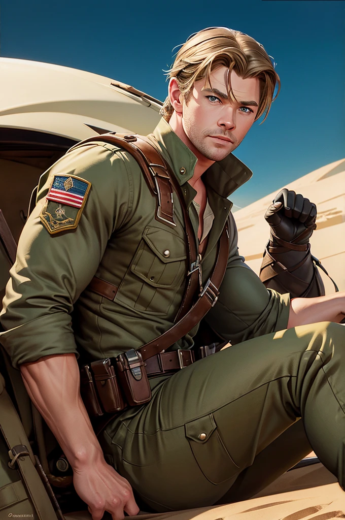 Illustration in Leyendecker style  : Chris Hemsworth paratrooper and parahute