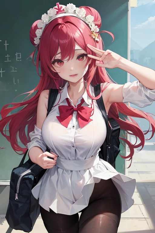 tmasterpiece、Need、1 female student、a blue dress,White cloth bun bun bun、Shoulder leakage、The chest is large、chubbiness、ssmile、Black suspender tights、lace leggings、pale pink lip、posing at school,(drenched all over the body),legs are open, 独奏, White polo shirt, looking at viewert, (Thigh thick:1.0),Yazawa Nico,red eyes, face flushed,Blunt hair,Flower headdress,Carrying a school bag,saluting,sleeveless