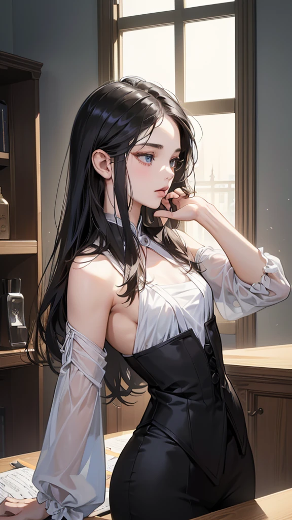 Fantasy dungeons scenario an Italian girl with very long black hair, thin, gigantic breasts the girl wears a blouse and a miniskirt with lapels, the girl is a prisoner, tied to the wall, slave collar