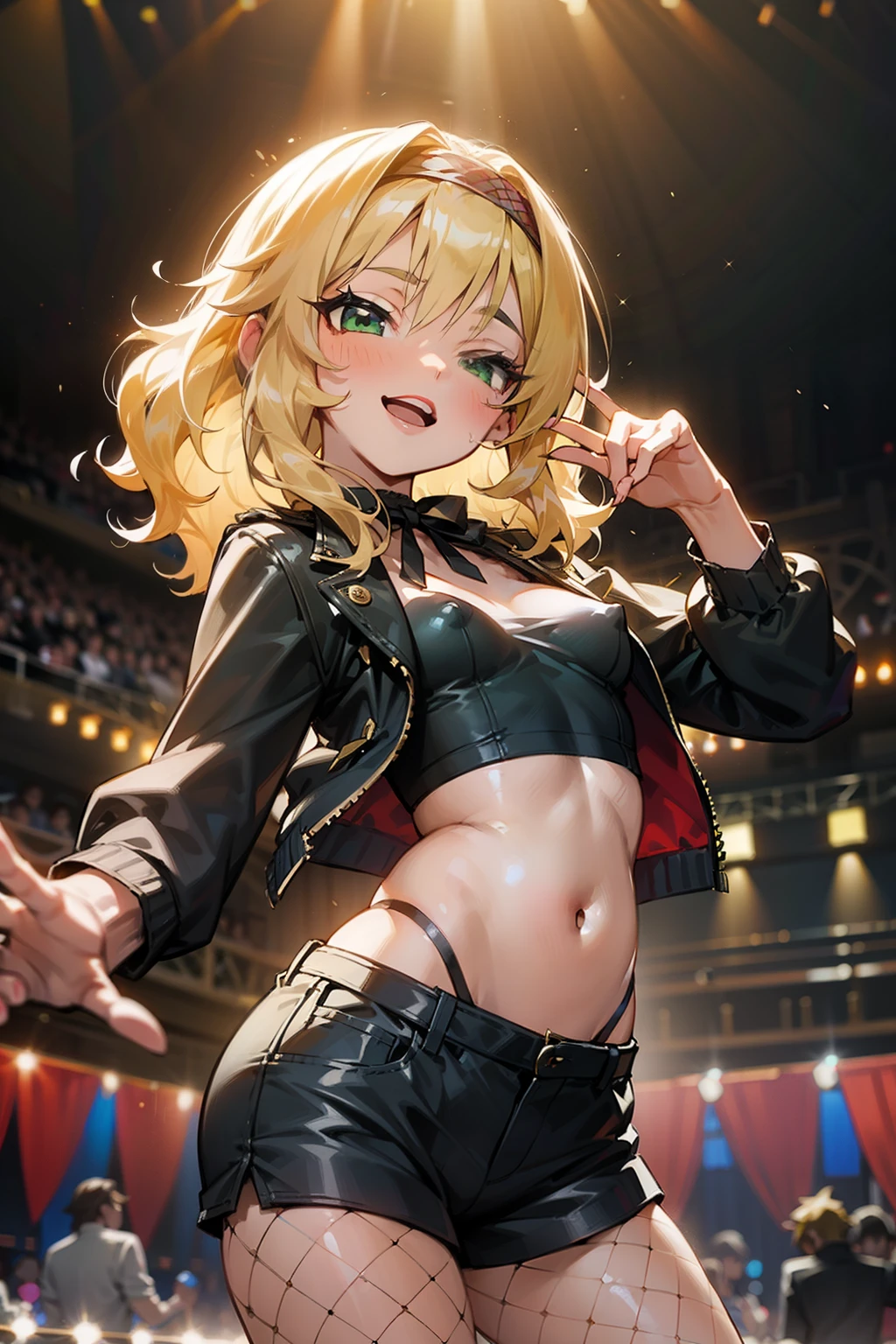 masterpiece,best quality, ultra-detailed,1girl(sakurai momoka, lovely small breasts, glow skin, wavy hair, long hair, blonde hair, headband(black ribbon),green eyes),a face in love, smile, open mouth, glow lips, head tilt, solo, black jacket, white tank_top,covered nipples, navel, black short shorts,  fishnets pantyhose, in the stage, dancing, sexy dance, Sexy waist teasing, mike grab, sing , singing