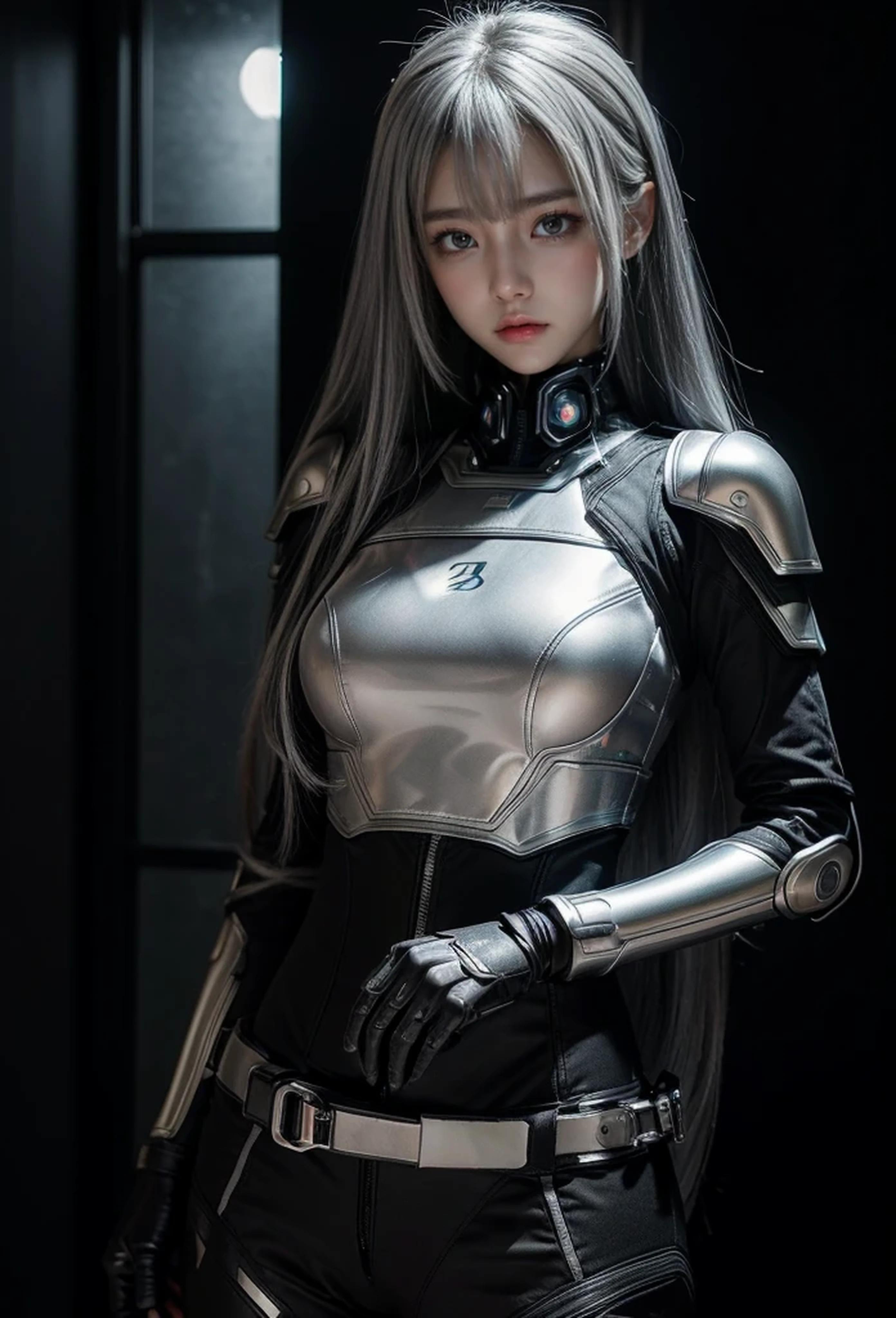 cyber angel,machine wing,{{Sci-Fi Armor}},cyber suit,cyberpunk,science fiction,cyber battle armor,Battledress,Military Uniforms,pants,black military uniform,whole body,Height: 168cm,almond shape eyes,{{{{{silver eyes}}}}},{{{{{dull bangs}}}}},(slanted eyes},{{whole body},{{{1 girl}}}, long hair, straight hair,{{{{silver hair}}}},{{{tsurime}}},30 years old,{Medium chest},{{bush}},silver eyes,{{{masterpiece}}}, {{{highest quality}}}, {{Super detailed}}, {shape}, {{very delicate and beautiful}},very detailed,detailed perfect,detailed hyper,Abundant thighs,big ass,black clothes