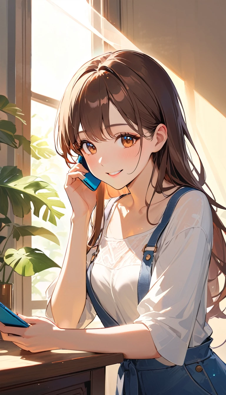 Please depict a scene where a woman with a bright smile is holding a smartphone to her ear with her right hand, as if she is making a phone call. The woman has medium-length straight brown hair and is wearing natural makeup. She is dressed in a white blouse. The background should be bright with natural light shining through, creating a clean and relaxed atmosphere overall.