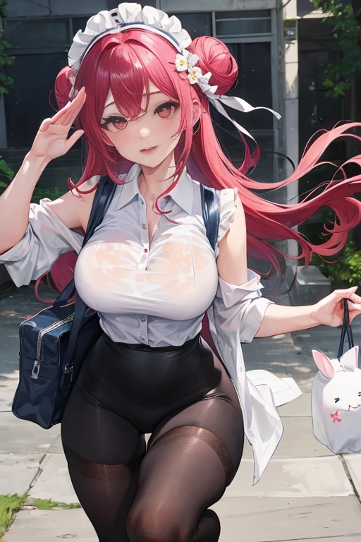 tmasterpiece、Need、1 female student、a blue dress,White cloth bun bun bun、Shoulder leakage、The chest is large、chubbiness、ssmile、Black suspender tights、lace leggings、pale pink lip、posing at school,(drenched all over the body),legs are open, 独奏, White polo shirt, looking at viewert, (Thigh thick:1.0),Yazawa Nico,red eyes, face flushed,Blunt hair,Flower headdress,Carrying a school bag,saluting,sleeveless