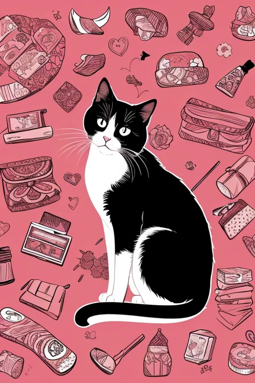 (Doodle style),manga style, cat straddling sushi