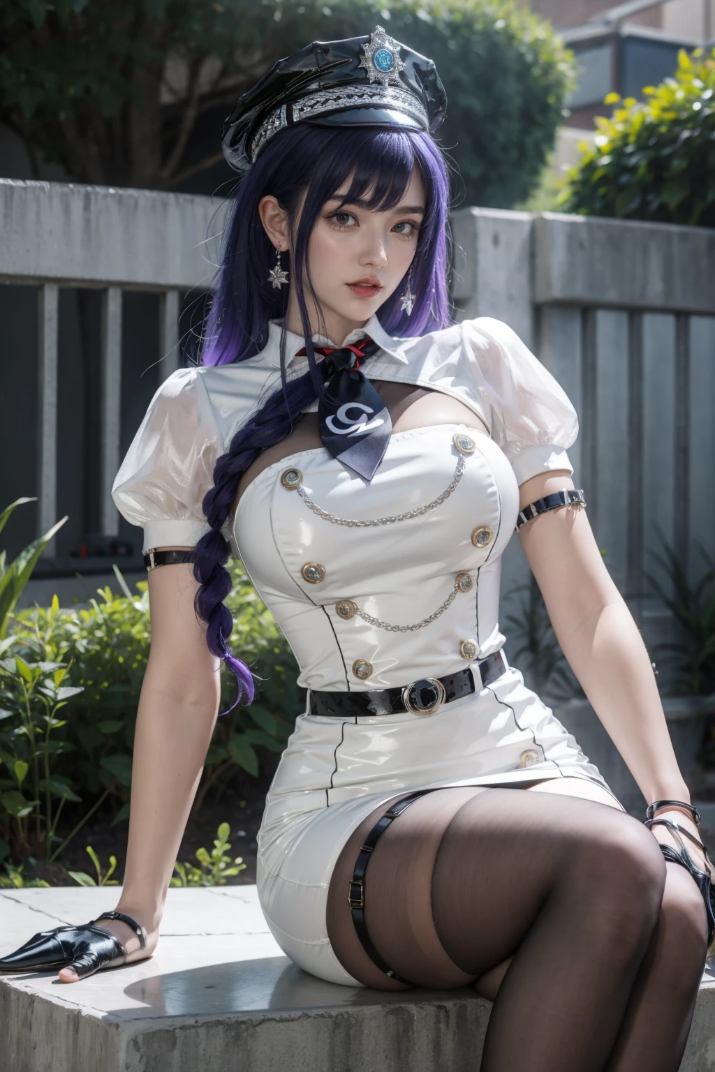 best quality,masterpiece,high resolution,Extremely detailed CG unity 8k wallpaper,outdoor,1 Girl,Solitary,permanent,Cowboy shooting,Large Breasts,Lemon 0001,armband,Fluffy short sleeves,belt,Half-fingered gloves,Buttons,Jewelry,Thigh straps,White skirt,Black pantyhose,Purple Hair,Sitting