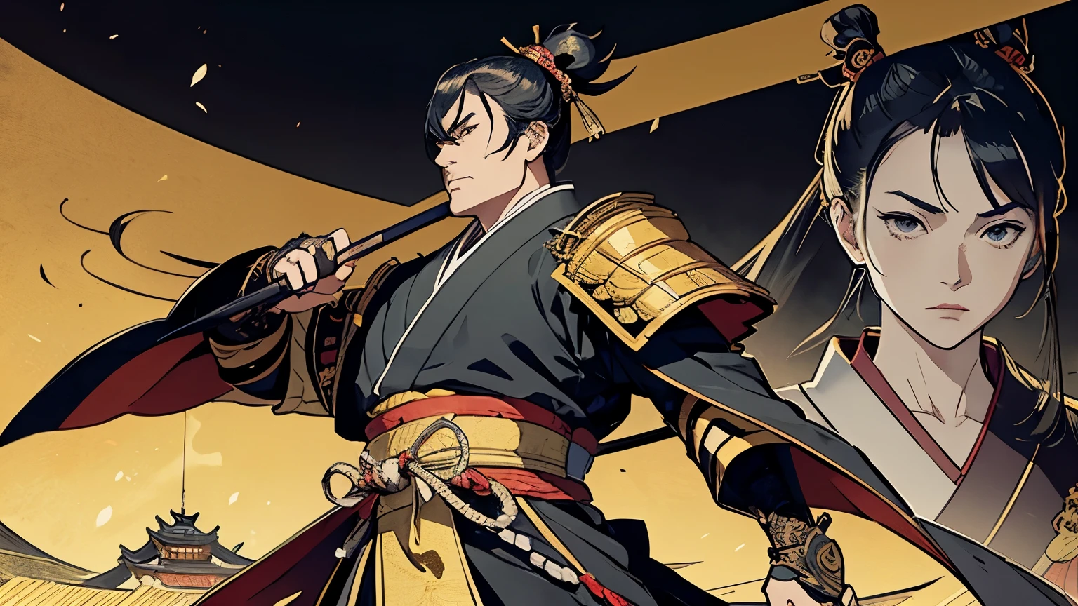 Tokugawa Ieyasu、The whole body is shown、Wearing intricately designed traditional samurai armor、Famous people in Japanese history、They tied their topknots、He has a stern look、Has an intimidating presence。The background is a traditional Japanese castle