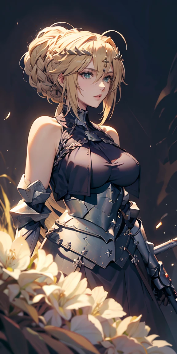 Mulher Madura, elegante, cabelo loiro, olhos verdes, Curvilíneo, coroa, Ombro nu, tronco, Resolução 4k, alta qualidade, Hyperresolution,accuracy,Detailed rendering,(Subtle facial image)(Image of fine hair)(topquality)(Masterpieces of masters)(High degree of completeness)(A sense of atmosphere)tmasterpiece,Super detailed and super detailed(portrait), long blonde hair, (((twin braids)))(((ANKLE LENGTH HAIR))) (((Sakimichan))) (((blonde)))((Armor)) ((Halberd))) (((warrior)))(((TWIN HAIR BRAIDS)))(((jEANNE D'ARC)))