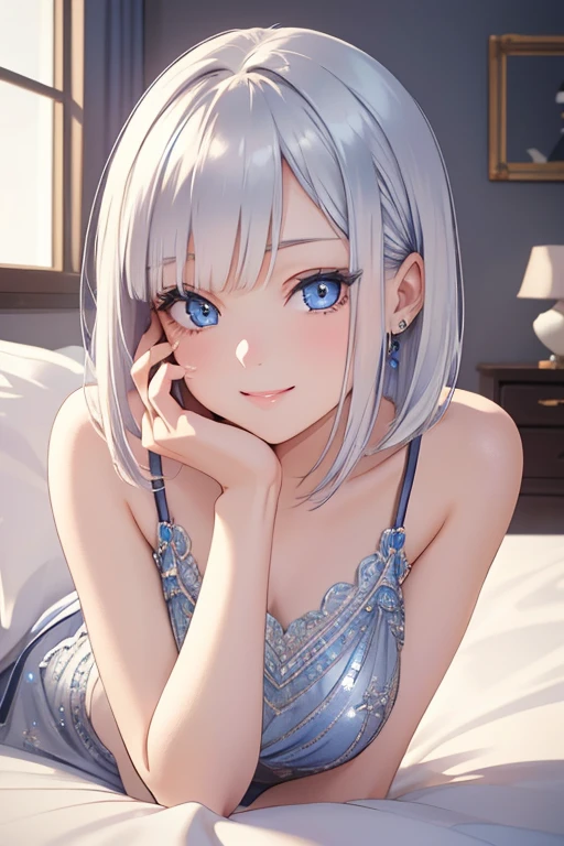 A woman with silvery bob hair and blue eyes, She looks down on the viewer with a cute smile, Highly detailed and realistic, masterpiece quality, Very detailed, High resolution, Studio Lighting, Vibrant colors, Physically Based Rendering, Lying on the bed、Playing with a smartphone