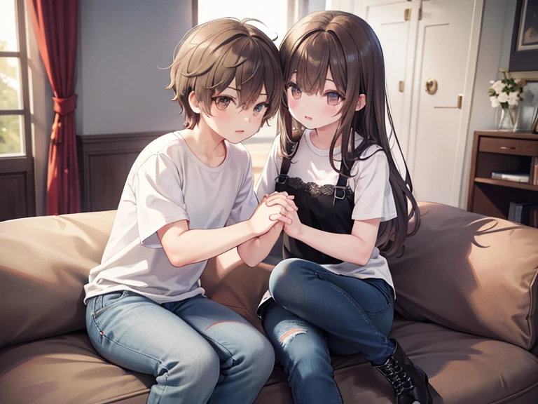 2 people(1 guy and 1 girl), Holding hands, Brother and sister, Love, friendship, chubby, Brown eyes, very shaggy, tousled brown hair, White shirt and jeans, lace-up boots; whole body, Realistic skin, Realistic eyes, Same height, modern, High quality textures, very detailed, Anatomical Realism of Hands, Fantastic cutie, Funny, IP design, Clean 3D rendering of bright backgrounds, OC rendering, 8 K, мягкий focus, Ultra-Thin Glossy Detail --Air 3:6 50 --q 2 --niji 5 --expressive style --s 2