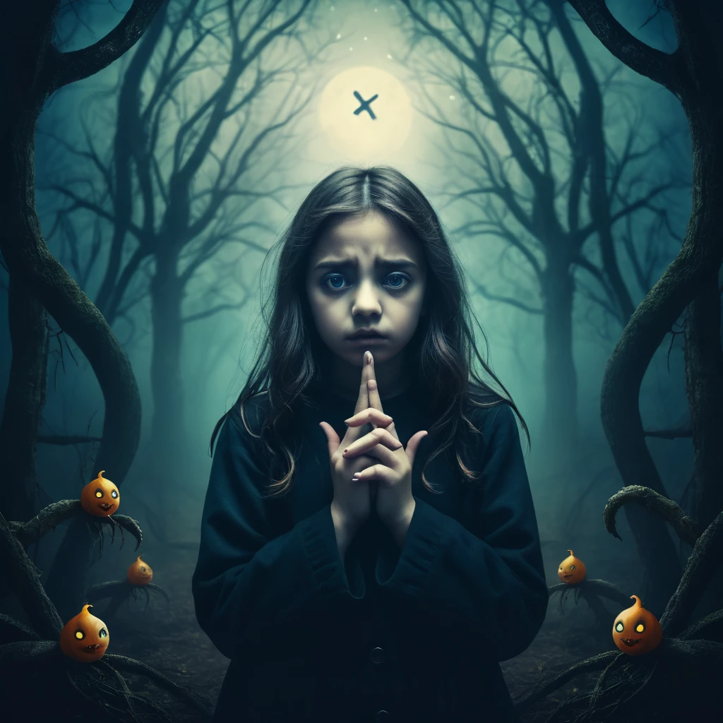 Make a dreamy mysterious horror style image symbolizing anxiety and hope, symbols of crossed fingers, childish, scary creatures