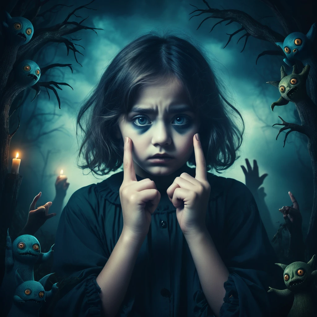 Make a dreamy mysterious horror style image symbolizing anxiety and hope, symbols of crossed fingers, childish, scary creatures