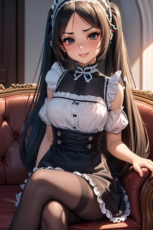 #基本 
A girl is posing for a photo, ((One Girl)), (((:1.2)) + ((cute:1.3))), 
#A girl is posing for a photo, ((One Girl)), (((Baby Facete)) + 16 years old), 
bring Accessories 
(((Black and white:1.4)Gothic Lolita style maid outfit) : Elegant + (Dirndl) + Gothic Lolita Fashion + Dark Gothic Lolita + (black corset) + ((Black and white)Headdress) + (White apron)) + (Sheer black pantyhose:1.4) + (Black High Heels), 
red gem earrings, 
break 

#Features 
((Gray Hair:1.4)), (I can see a beautiful forehead:1.4), (Twin tails : Long Hair + Curly hair + Fuller Hair + Red string ribbon),  
(Droopy eyes, blue eyes), (Very small breasts), 
break 

#background environment 
(noon, (A room in a large Western-style mansion + Sunlit room)), 
#Facial Expression Pose 
((Wicked Smile, blush), (A confident and condescending pose, (Sitting on a gothic sofa), (cross your legs))), 
#composition 
(To the camera, Diagonal focus, (Capture your feet clearly)),  
break 

#Body parts elements 
(Slim figure), 
(Detailed Hair, Beautiful Hair, Shiny Hair), 
(double eyelid, Long eyelashes), 
(Expression of fine eyes, Beautiful and delicate eyes, Sparkling eyes, Eye Reflexes, Glitter Eyeliner, Big eyes:1.2), 
(Human Ear), 
(Beautiful Nose, Thin Nose), 
(Glossy Lips, Beautiful Lips, Thick lips, Glossy Lips, Natural Cheeks), 
(Detailed face, Symmetrical facial features), 
(Detailed skin, Textured skin, Beautiful Skin, Glowing Skin), 
break 

#Quality Image Quality Common 
(((Highest quality)), ((masterpiece)), ((Very detailed))), ((High resolution)), ((16K,1080P)), 
(Anatomically correct), (Realistic), (3DCG), 

#Quality image illustration 
((comics, anime)), CG illustration, 
