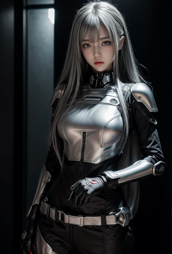 cyber angel,machine wing,{{Sci-Fi Armor}},cyber suit,cyberpunk,science fiction,cyber battle armor,Battledress,Military Uniforms,pants,black military uniform,whole body,Height: 168cm,almond shape eyes,{{{{{silver eyes}}}}},{{{{{dull bangs}}}}},(slanted eyes},{{whole body},{{{1 girl}}}, long hair, straight hair,{{{{silver hair}}}},{{{tsurime}}},30 years old,{Medium chest},{{bush}},silver eyes,{{{masterpiece}}}, {{{highest quality}}}, {{Super detailed}}, {shape}, {{very delicate and beautiful}},very detailed,detailed perfect,detailed hyper,Abundant thighs,big ass,black clothes