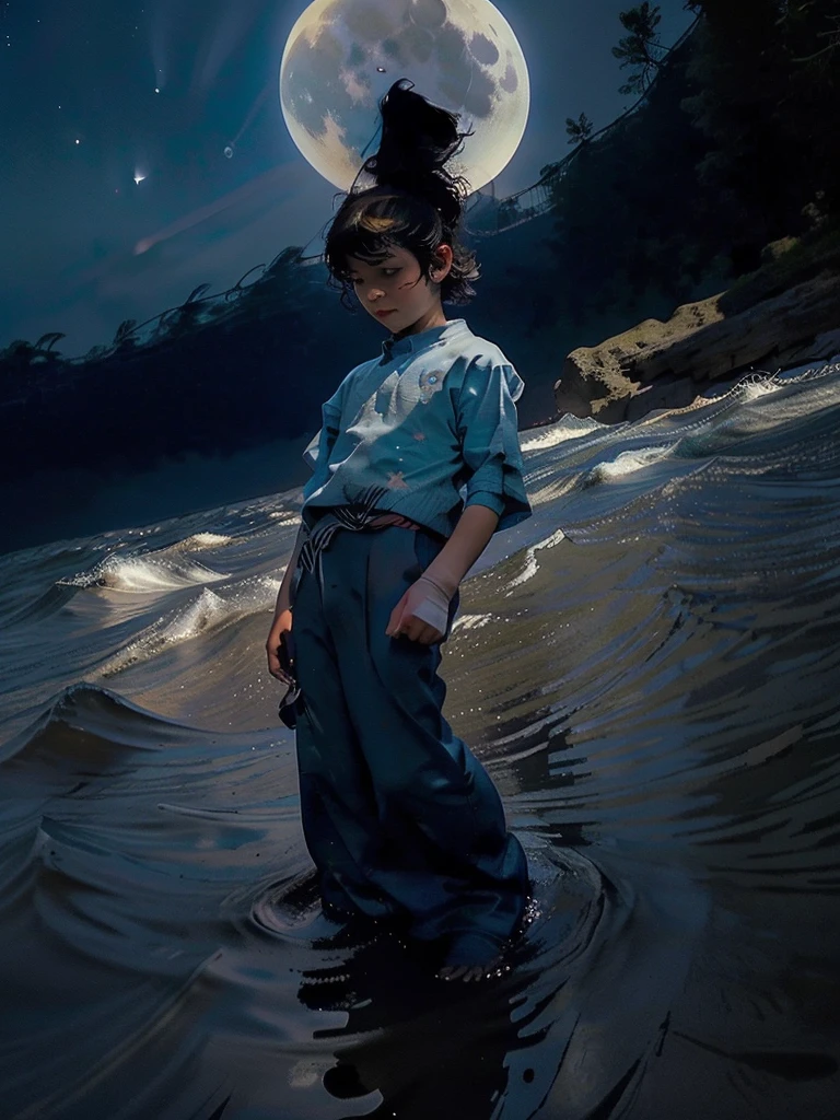 starry blue sky, in the distance the dark silhouette of a small boy, waves his hand, stars and moon are visible in the distance