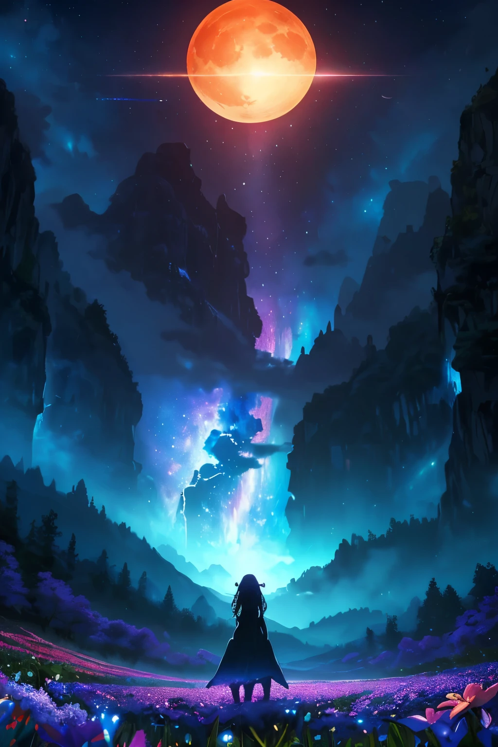 ((Highest quality)), ((High resolution)), ((4K壁紙)), (((Very detailed, Pixel perfect))), ((超High resolution, RTTX 10.0, High resolution)), Wide landscape photography, (View from below, The sky is above, And the open field is below), (((A girl standing in a flower field looking up))), (Long Hair, Long skirt), (full moon: 1.2), (meteor: 0.9), (nebula: 1.3), Distant Mountain々 , wood,Creating Art, (Warm Light: 1.2), (fire Fly: 1.2), Light, Lots of purple and orange, Intricate details, Volumetric lighting, (masterpiece: 1.2), (Highest quality), 4K, Super detailed, (Dynamic configuration: 1.4), Rich color and detail, (Rainbow colors: 1.2), (Shine, Atmospheric lighting), dream-like, Magic, (alone: 1.2)