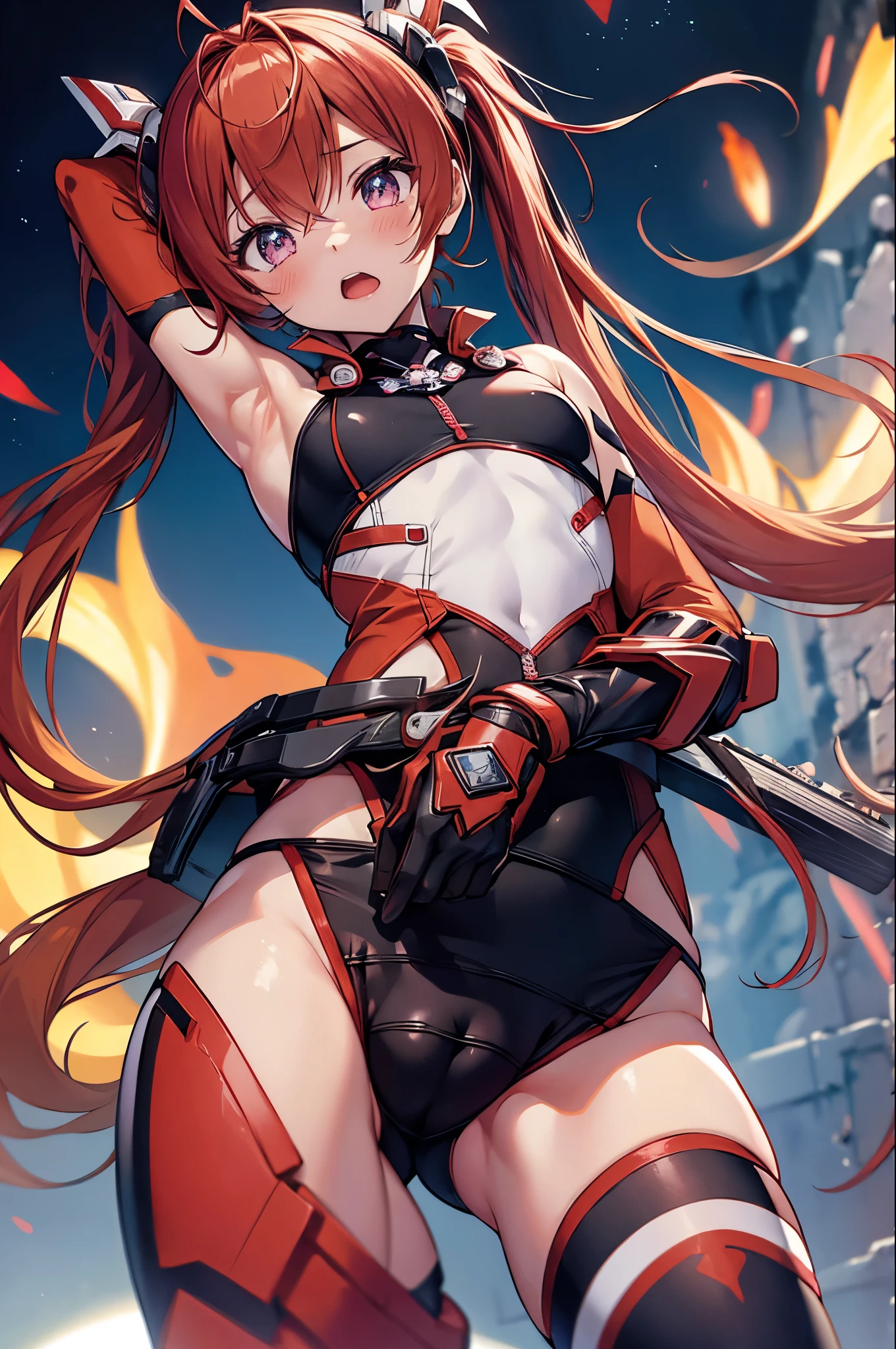 1girl,solo,red hair,twintails,tailreddef,(flat chest,chibi),leotard,(upper body:1.3),open mouth, embarrassed ,blush,spread armpit, arms behind head,(spread legs:1.3),(legs up),(cameltoe:1.3),masterpiece,Noise Reduction,perfect anatomy,high resolution, ultra-detailed, ultra-detailed face,game cg,dutch angle ,beautiful detailed eyes,visualart,five fingers, perfect hands, perfect lighting, sparkling pupils,