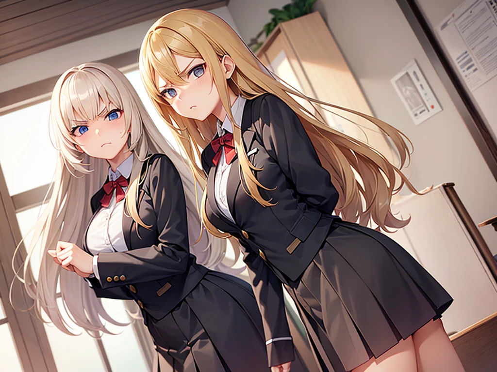 (Anime girl), ((manga style)), maid costume, ((handing camera a gift box)), she is mbarresed, she is flustered, good illustration, office setting, window background, reflections, nylon