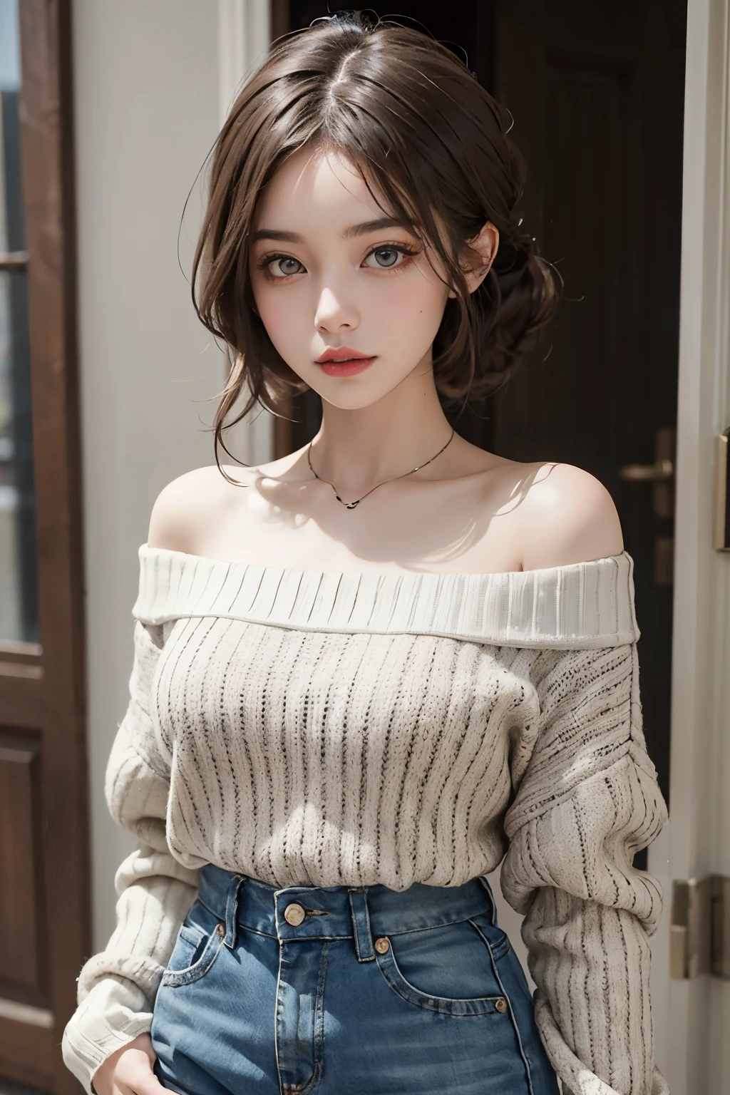 ((best quality)), ((masterpiece)), (detailed), 1girl, off-shoulder sweater,