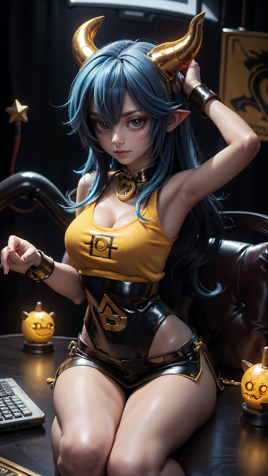 A cute blue monster girl with horns is sitting at a table in front of him. There is an calculator and gold coins around, with a bitcoin logo floating above his head and red fire behind. Yellow lights are on top, in a 3D cartoon style.