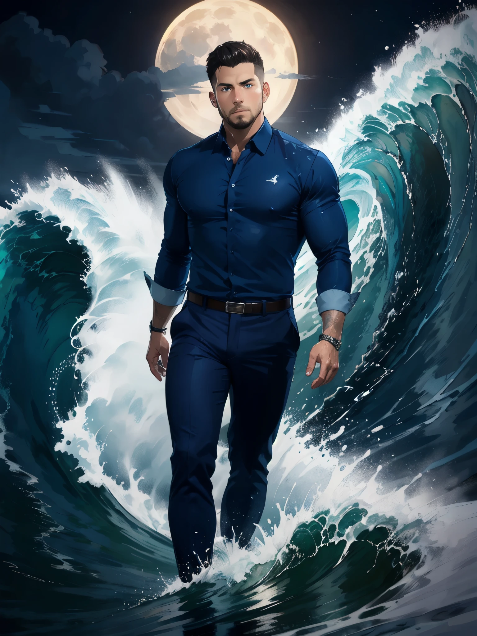 (Ocean greek god), hydromancer, muscular mature male, water magic, handsome, short beard, short hair, mystic, modern outfit, masterpiece, eye focus, best quality, anatomically correct, (((dark-blue royal shirt)), dark pants, intricate silver embroidery)), (walk on water: 1.15), water particles flying around, ocean, huge waves behind character, ((storm)), huge waves around character, night, night sky, mystic, moon, dark hair