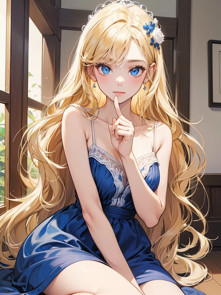 ((masterpiece)), ((best quality)), (Super detailed),A cute girl, 1 girl, alone,camisole dress,beautiful blonde, (beautiful blue eyes), long hair, Big breasts, High resolution,