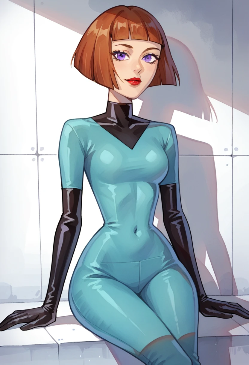 score_9, score_8_up, score_7_up, score_6_up, source_anime, 1girl, portrait, purple eyes, shadow, m_fenton, seductive pose, auburn hair, wide hips, small waist, big , bob cut, sitting, blue rubber jumpsuit, black gloves, red lips, looking at viewer, realistic, watercolor, 