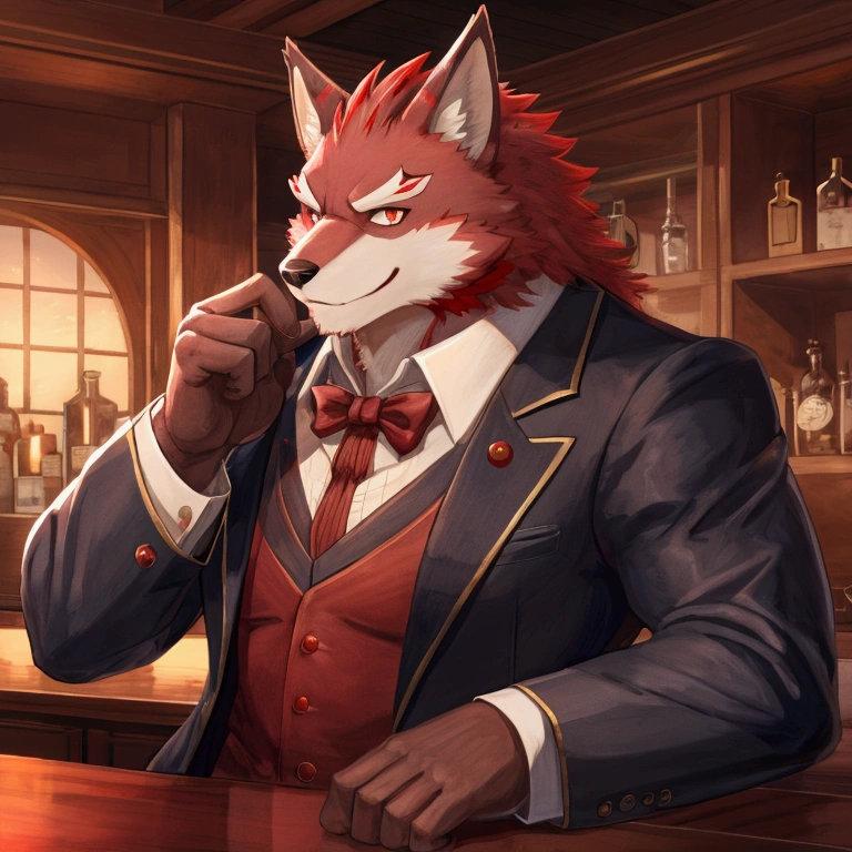 Best Quality, Diederich Olsen (/Knights College/), lobo, kemono, nj5furry, red fur, Red eyes, Medium muscular body, Alone, A charming bartender, elegant pose, lasts, fierce eyes, smile, a dimly lit bar