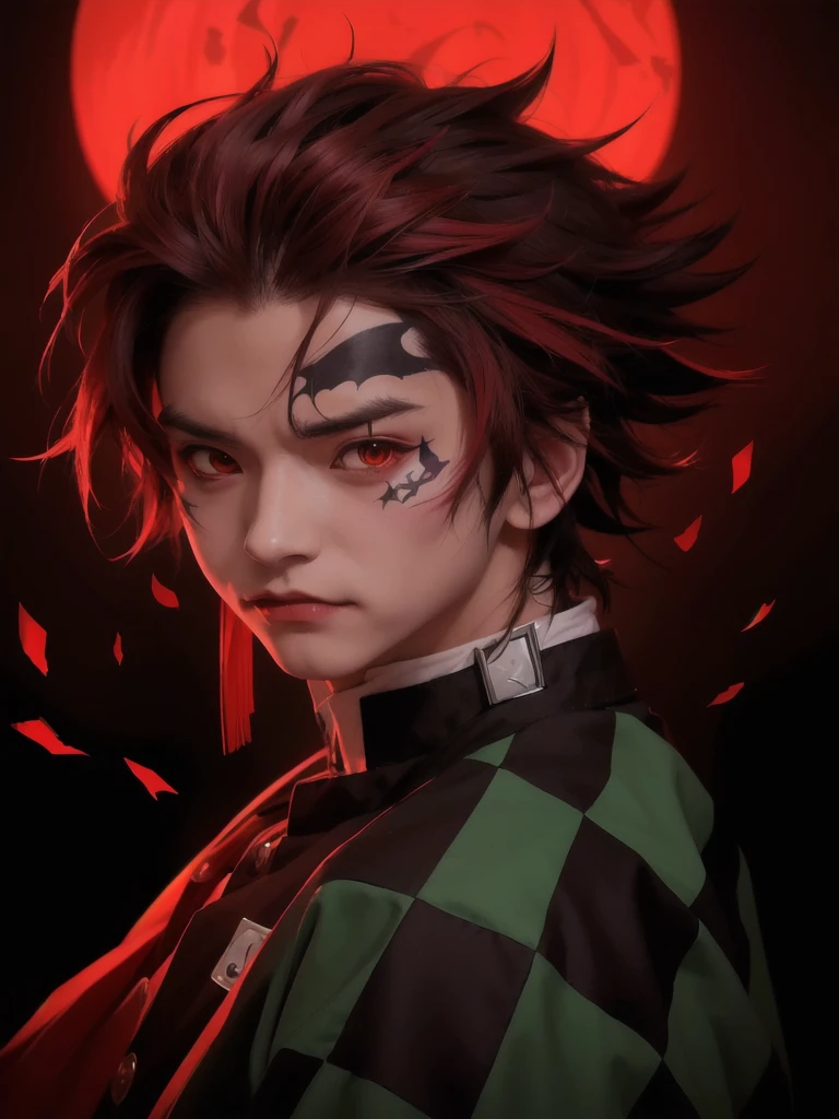anime boy with red eyes and a black and white checkered shirt, demon slayer artstyle, handsome guy in demon slayer art, demon slayer rui fanart, tankiro demon slayer, trigger realistic artstyle, joker looks like naruto, joker as naruto, badass anime 8 k, key anime art, tanjiro kamado, anime styled digital art, realistic character, realistic style 4 k, badass realistic 8 k, clean detailed realistic art,