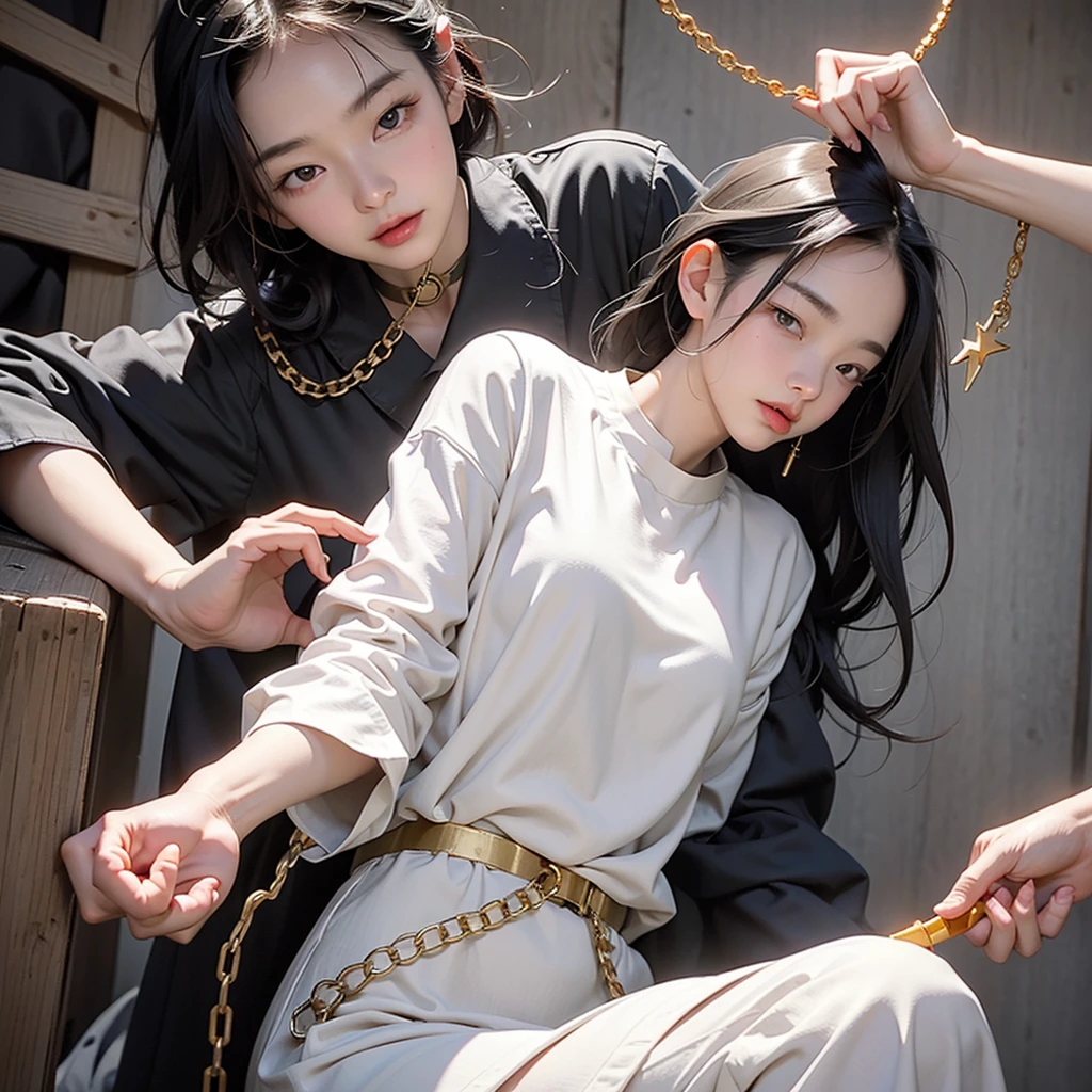 Asian Girl,Shift dress,Kneel,Prison history, binding,His hands were tied behind his back,Golden Handcuffs,Gold chain,Golden Collar,Shacklehead,rock,Hands are tied in handcuffs,Lying next to you,Tears flow,Stick your tongue out,suffering,contortion,white milk,Whipping,Electric shock,saliva,Leather Whip,injection,